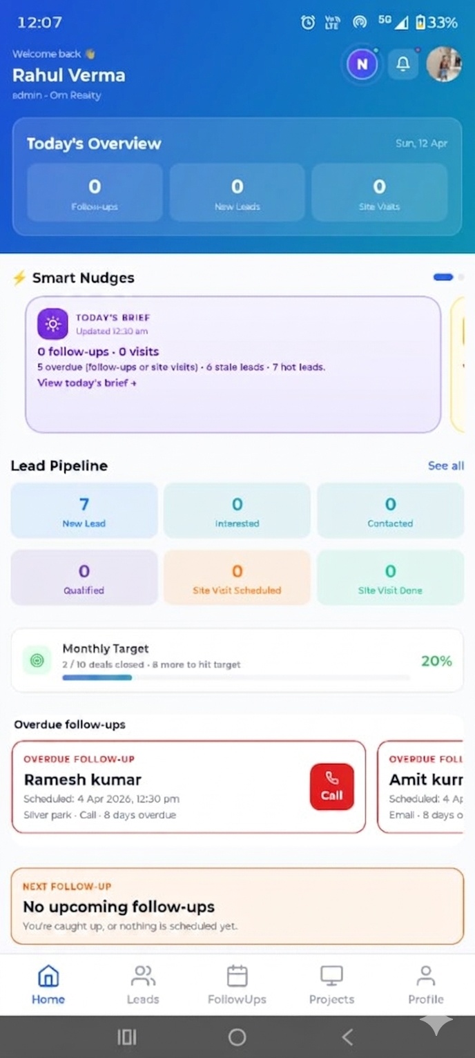 Sqvarefeet app dashboard: leads, follow-ups, and pipeline